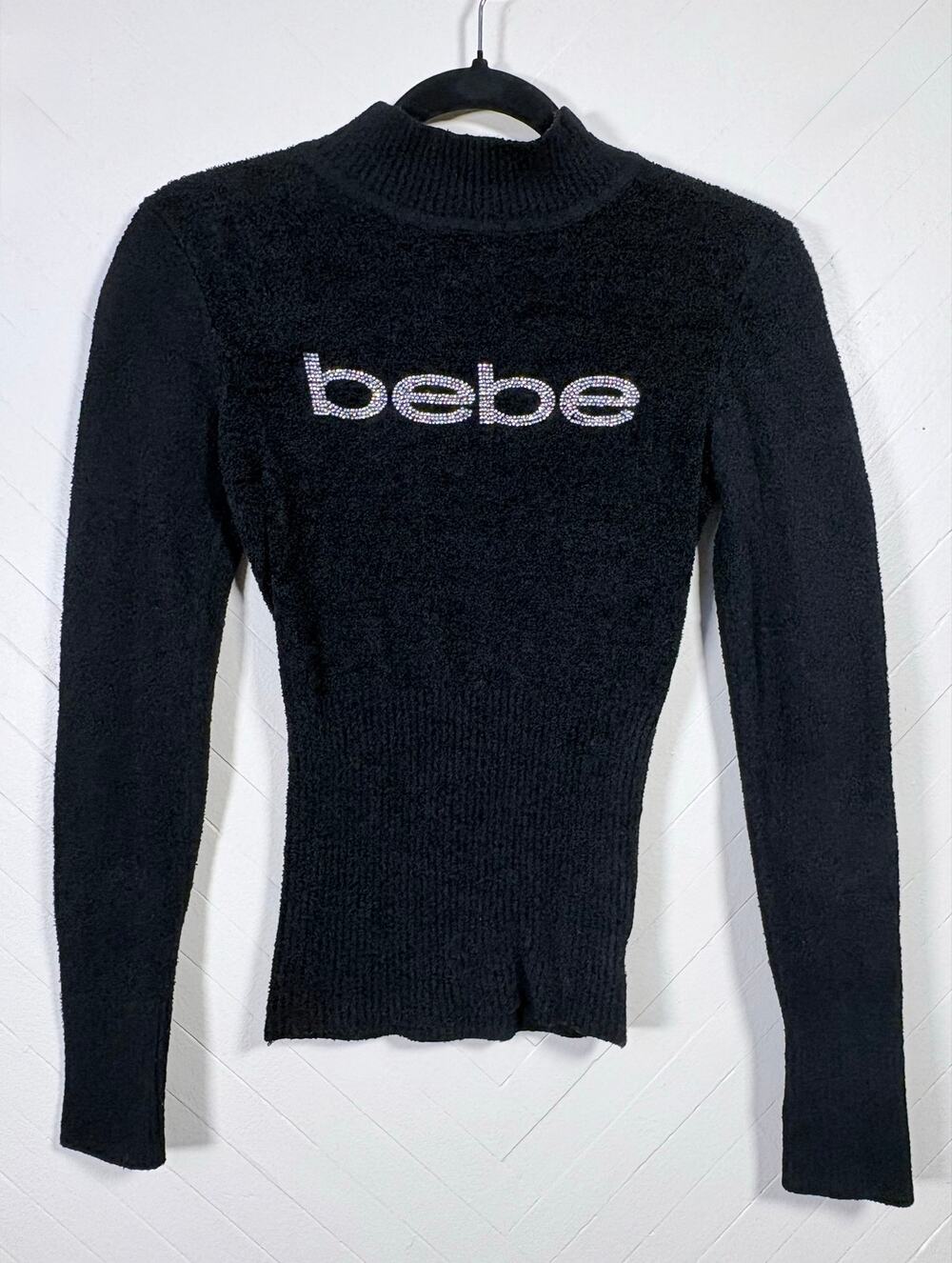 Y2K 2000's Bebe Stretchy Turtleneck Sweater Bedazzled Logo Women's Size XS